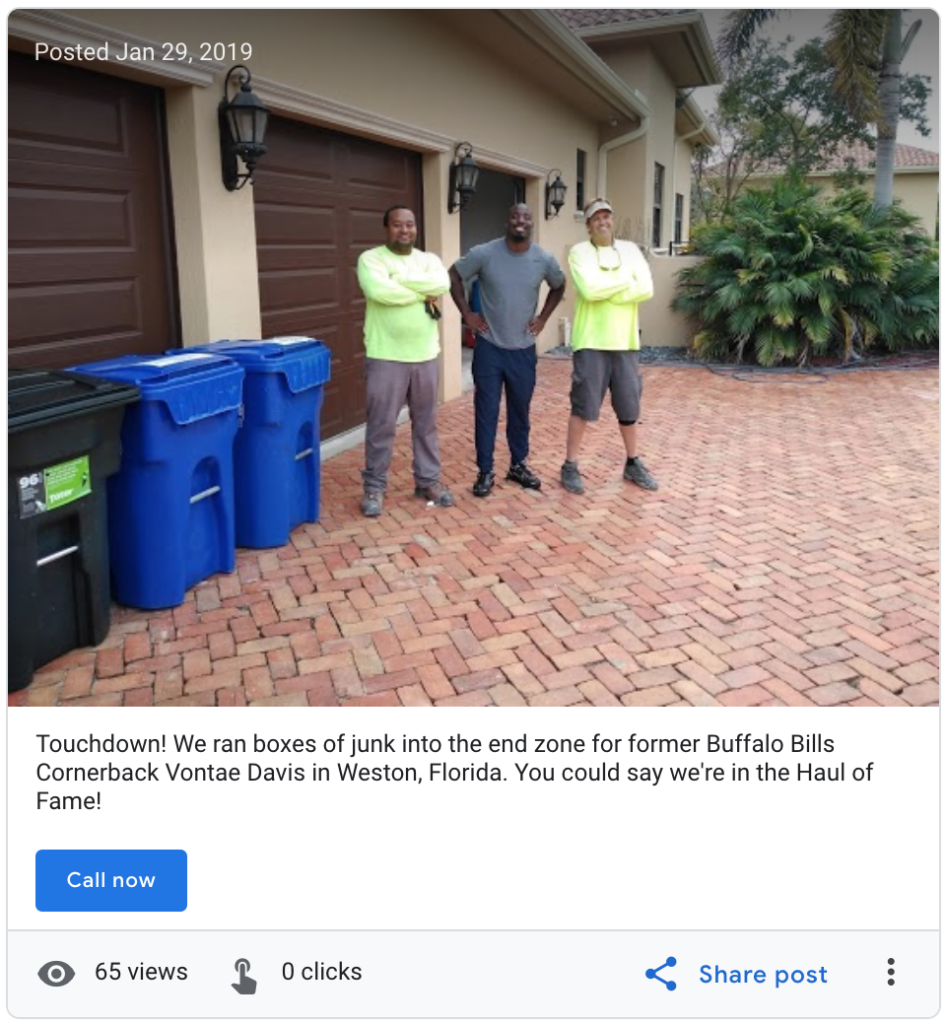 Google post highlighting junk removal job for NFL player in Weston, FL