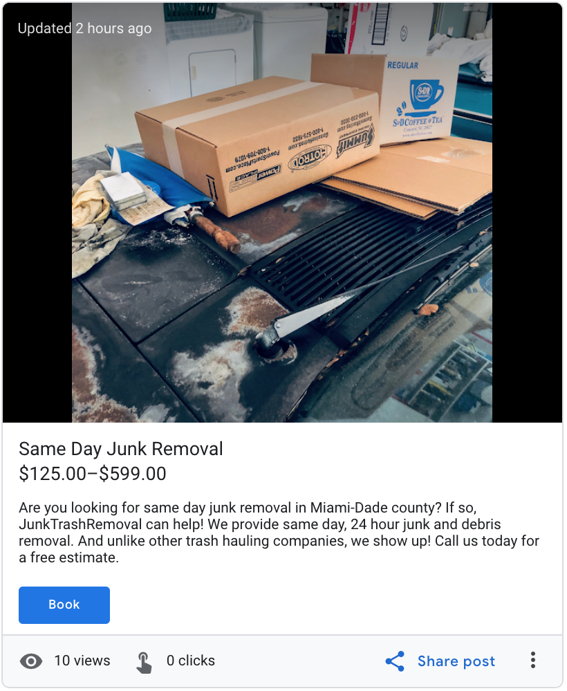 Google Post highlighting our Same Day Junk Removal 